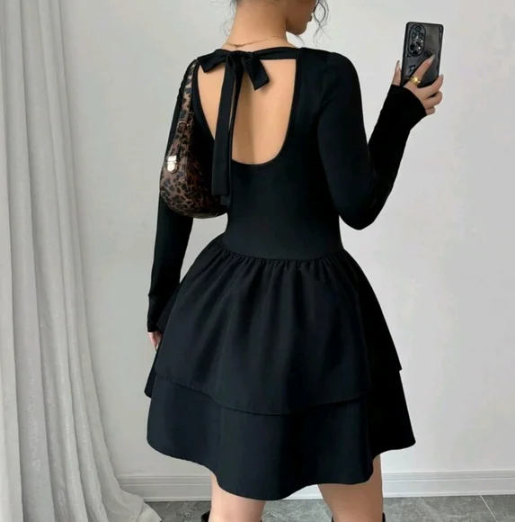 Women Casual Versatile Elastic Knit Backless Bow-Tie Blouse With Layered Skirt - Picture 2 of 3